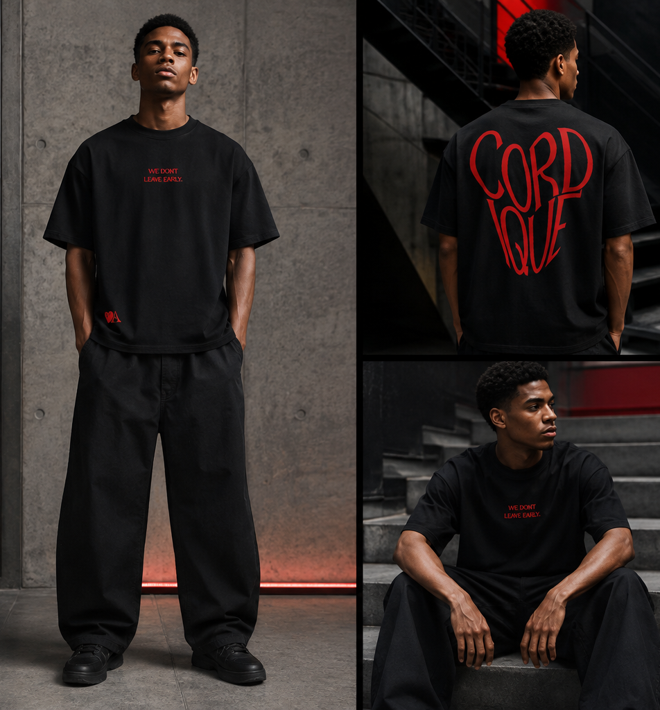 A model wearing a black oversized t-shirt with a red  graphic on the back, shown in a multi-panel collage against a dark industrial concrete background.